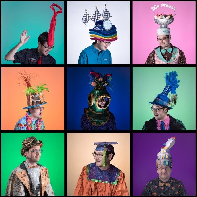 Ben White poses in six different photos wearing six different hats he created during his time volunteering with DI over the years. 