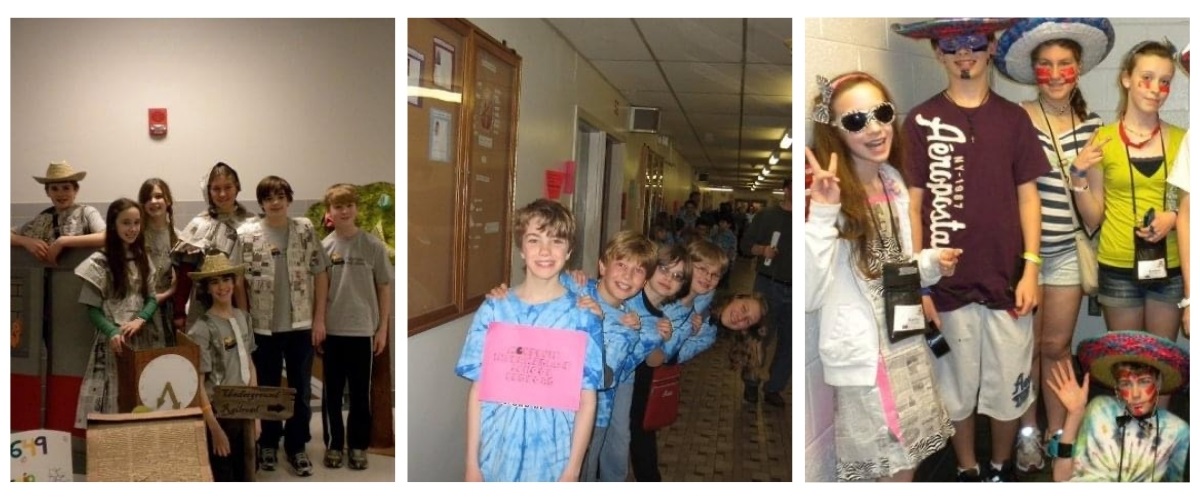 3 photos of Abby Hibbard and her DI teammates over the years.