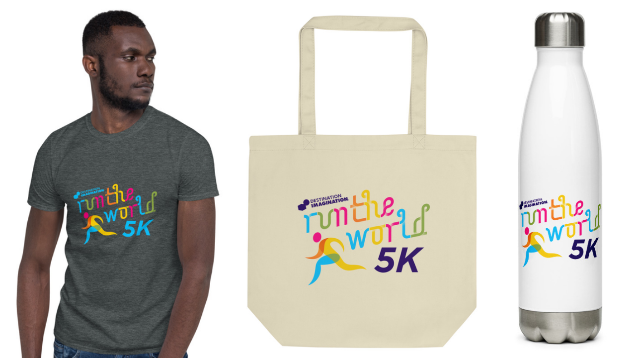 Images of race souvenirs, including a T-shirt, tote bag, and water bottle